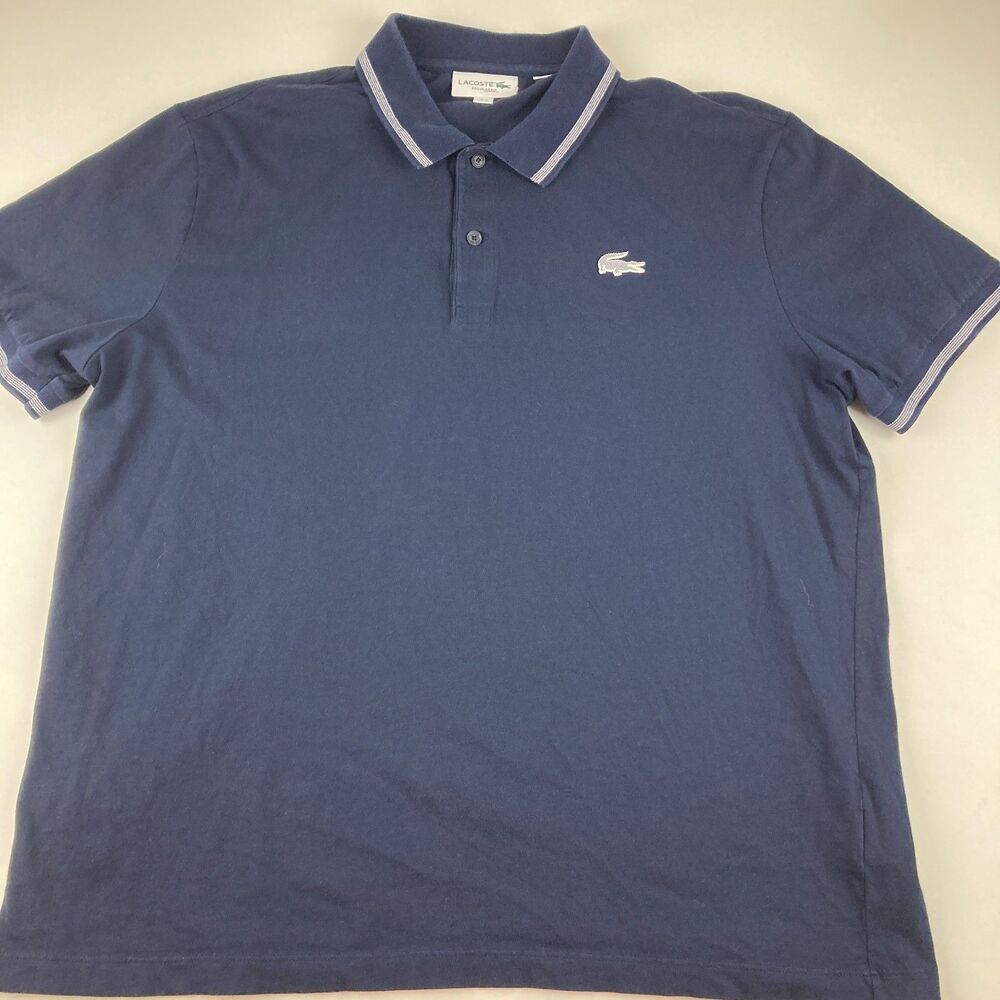 Lacoste Men XXL Navy Polo Shirt Rubber Croc Logo White Stripe Trim Regular Fit